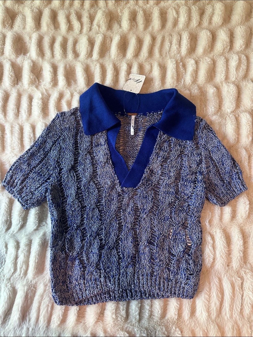 Free People Blue Knit Cropped Polo Sweater